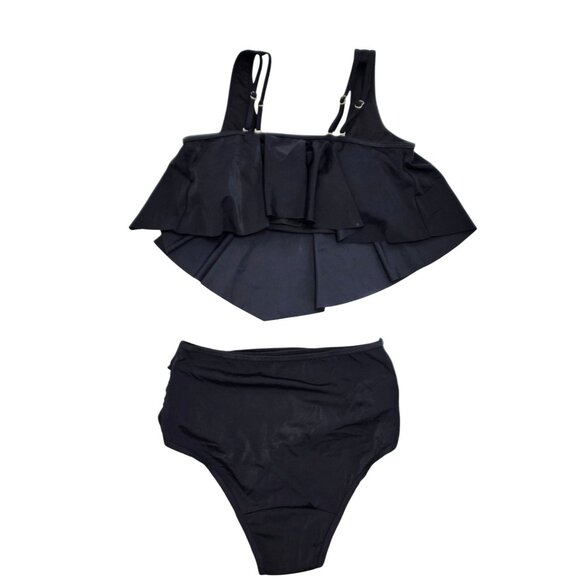 Two-Piece Black High-Waisted Bikini  Ruffle Tankini Top Adjustable Straps  SZ L - Picture 7 of 7